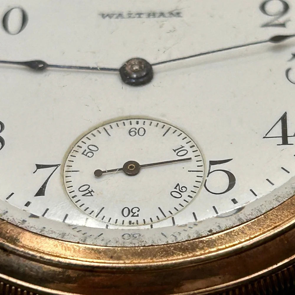 Antique Waltham Pocket Watch Gold Tone Engraved Case Sub Dial 45mm 14k Gold Fill